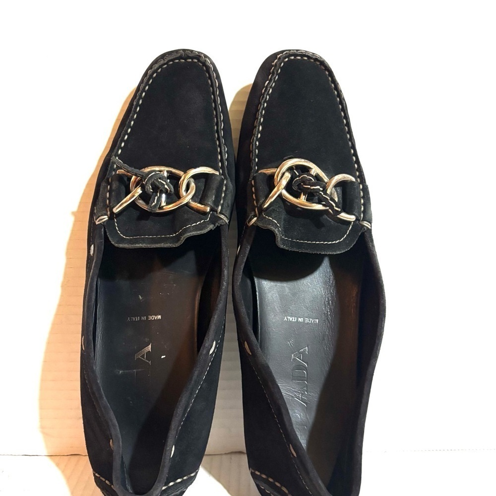 Prada vintage Black Suede Loafers with Silver Chain Accent size 40
